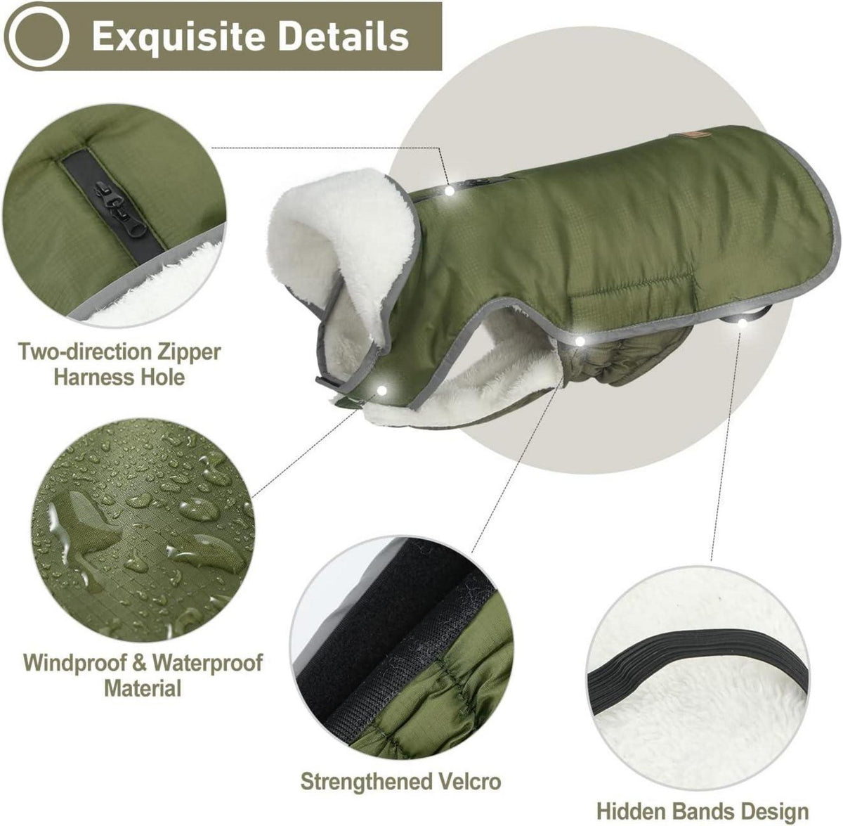 Wasserdichte Winter Fleece Hundemantel, Französische Bulldogge, Hundejacke, Hunderegenmantel, Hundepullover, ArmyGreen, Größe L