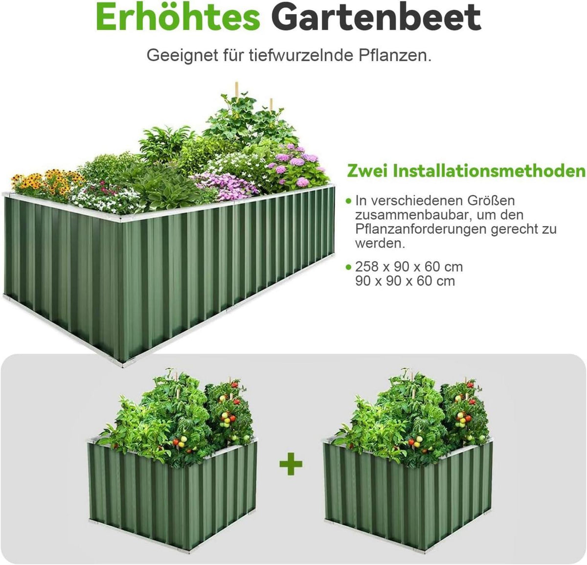 Hochbeet Metall 258x90x60cm Verzinkter Stahl Rostfrei Grau