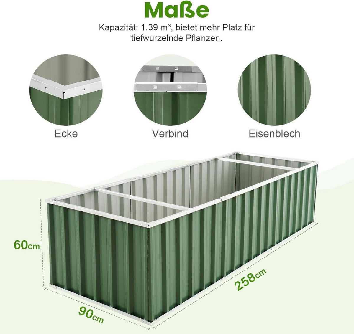 Hochbeet Metall 258x90x60cm, verzinkter Stahl, robust, wetterfest, einfacher