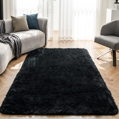 Großer OMERAI Shaggy Teppich 120x180cm Schwarz Wohnzimmer Schlafzimmer