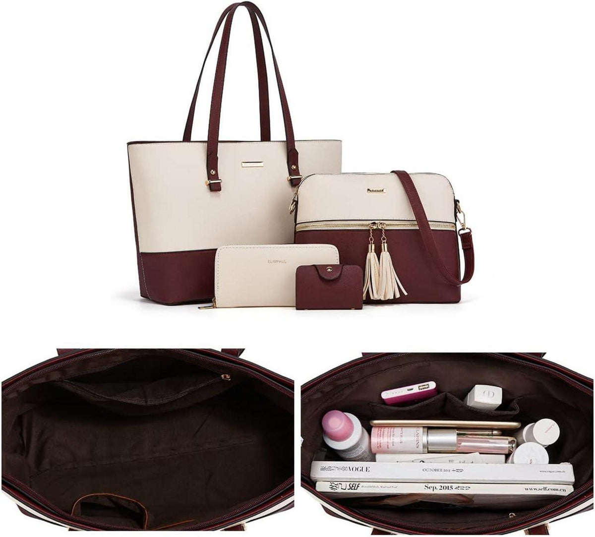 Damen Handtasche Tote Shopper Groß Umhängetasche Schultertasche 4-teiliges Set Weiß Lila