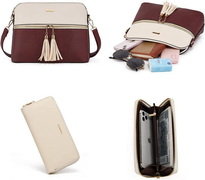 Damen Handtasche Tote Schultertasche Umhängetasche Geldbörse 4-teilig Weiß/Lila