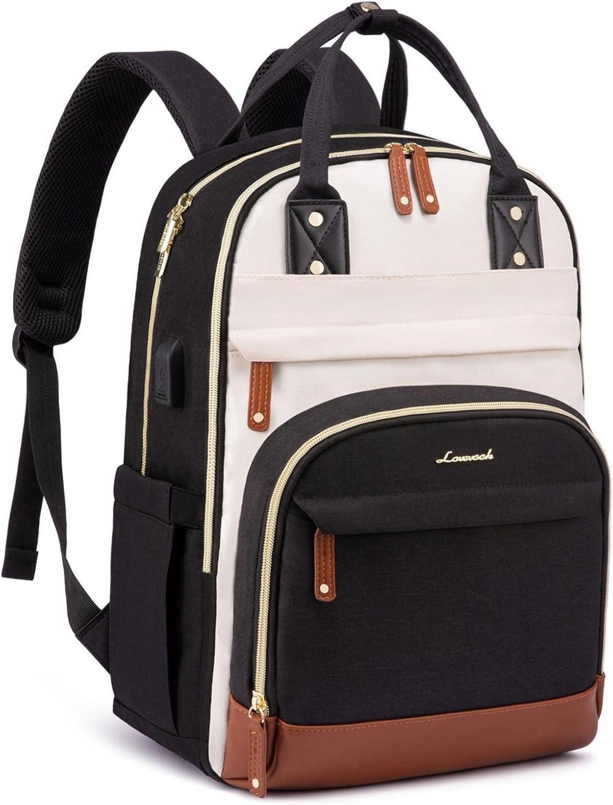 Rucksack Damen 17 Zoll Wasserdicht Schwarz Beige Anti-Diebstahl