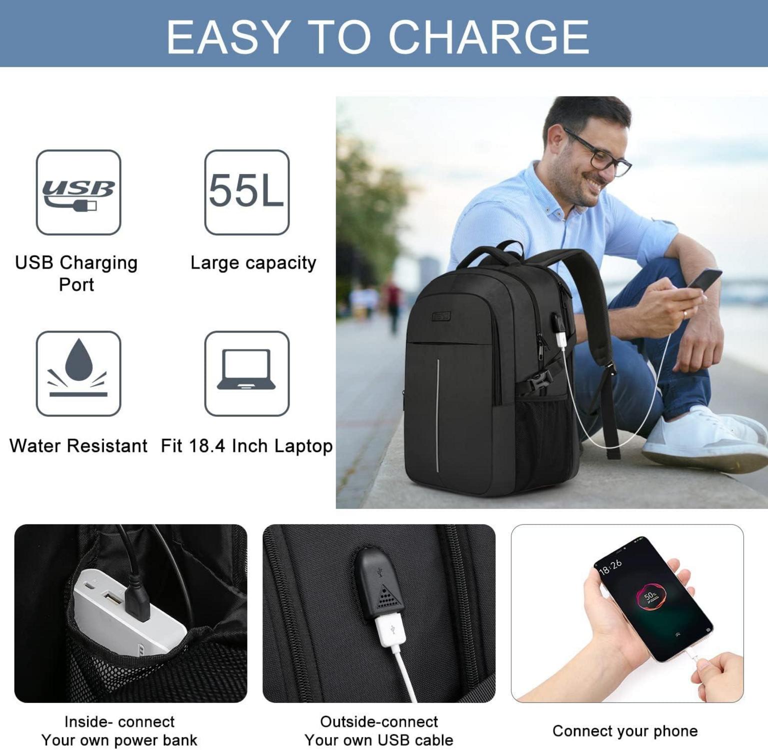 Extra Großer Rucksack Herren 55L Schwarz USB Laptopfach