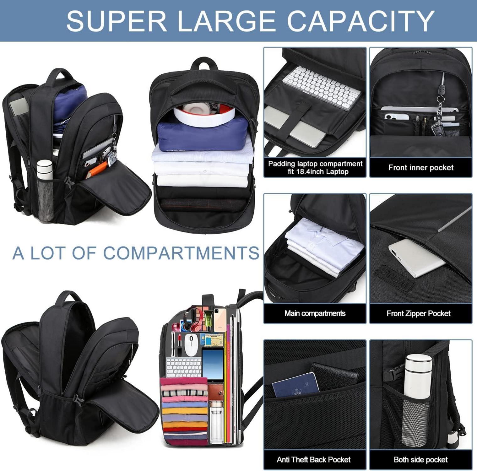 Extra Großer 55L Rucksack 18.4 Zoll Laptop USB Schwarz