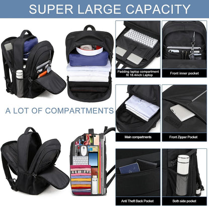Extra Großer 55L Rucksack 18.4 Zoll Laptop USB Schwarz