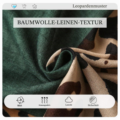 Leopardenmuster Schal Damen Baumwolle Leinen Mit Fransen Grün