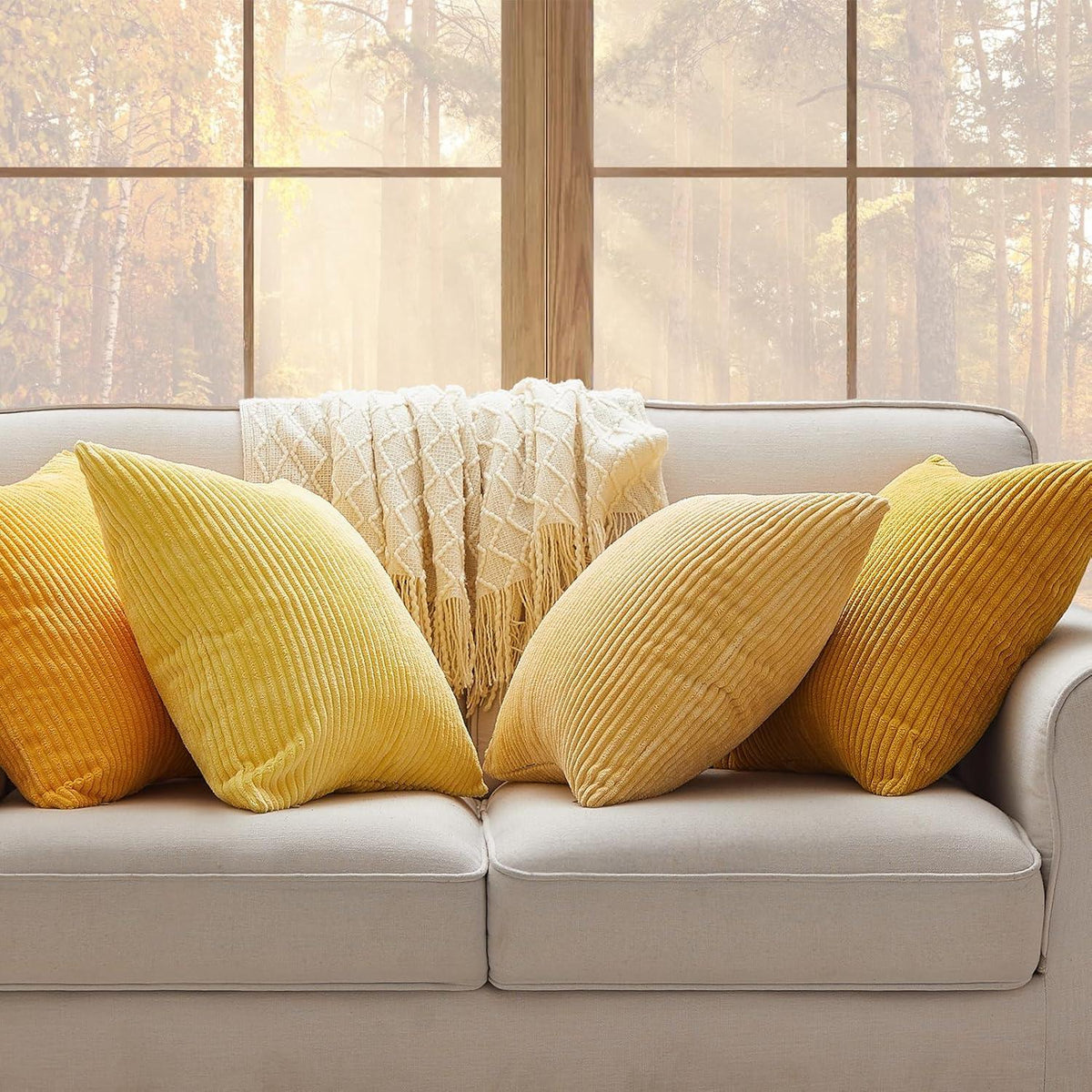 Kissenbezüge 50x50 cm gelb 4er Set Kordsamt Dekokissen Sofa Wohnzimmer