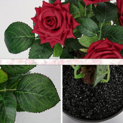 Kunstblumen Rosenbusch im Topf Künstliche Pflanzen Deko 34cm Rot