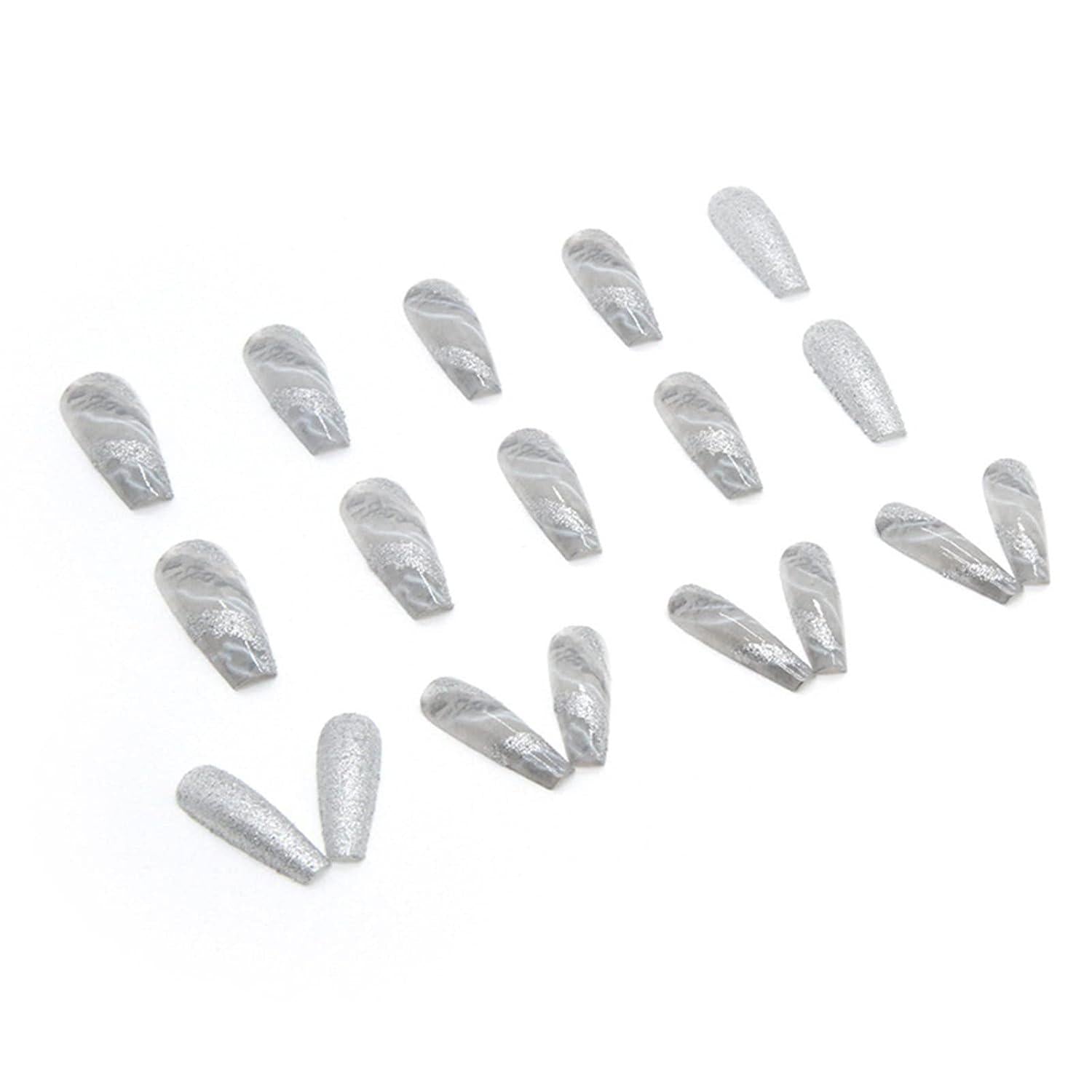 24er Set Künstliche Coffin Nägel Grey Glitter French MarblePressEvent