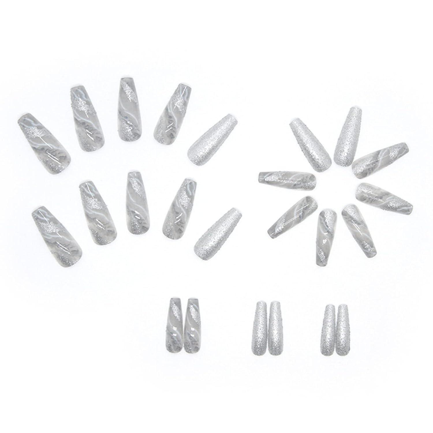 24 Stück Coffin Nägel Lang Grey Glitter Künstliche Ballerina Marble Nägel Press on Nails Medium Frauen