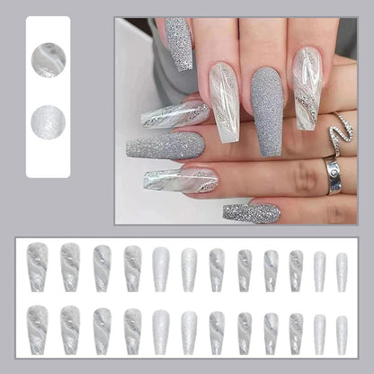 24x Long Coffin Nägel Aufkleben Grey Glitter French Ballerina Falsche Nägel