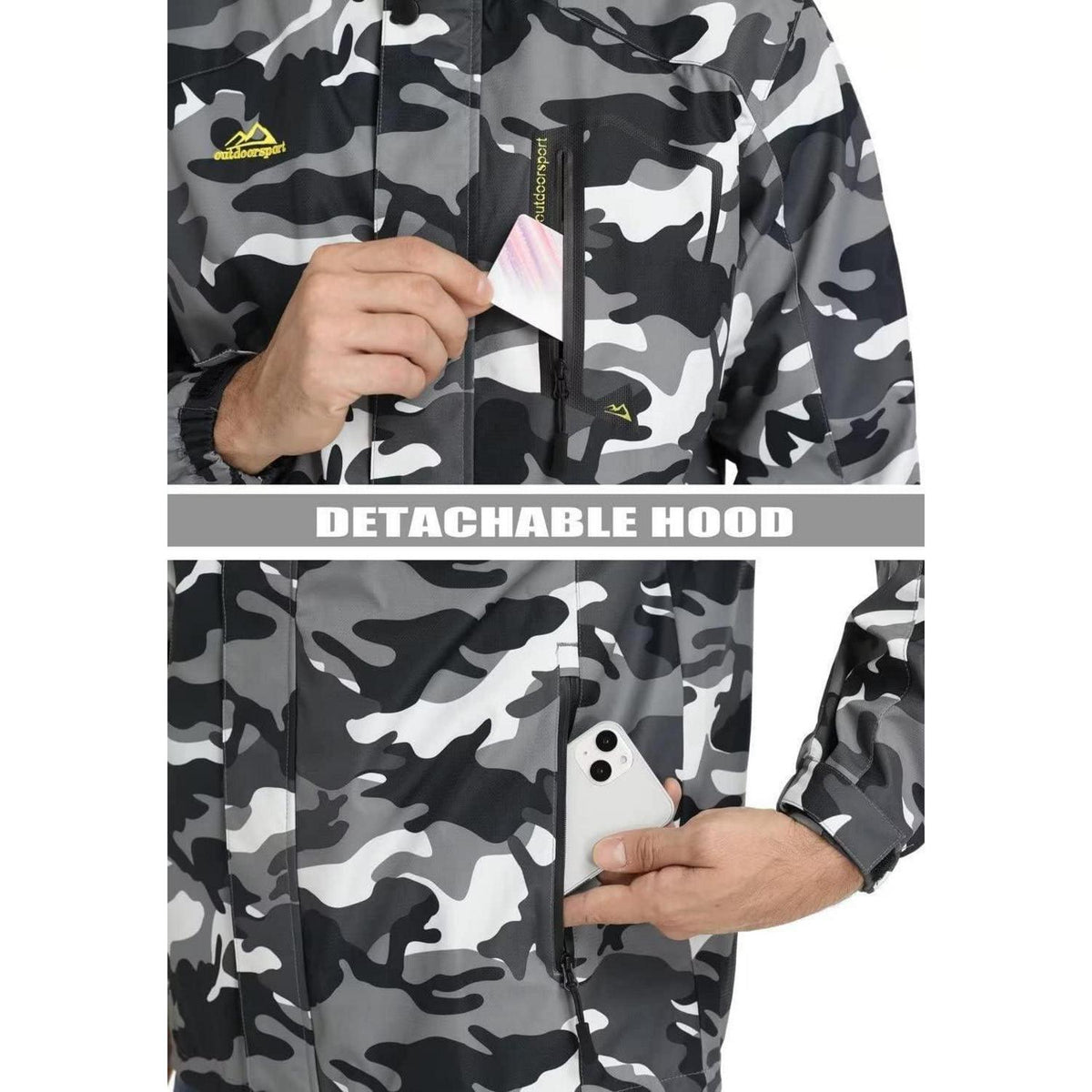 Herren Outdoorjacke wasserabweisend mit Kapuze – Schwarz Camo