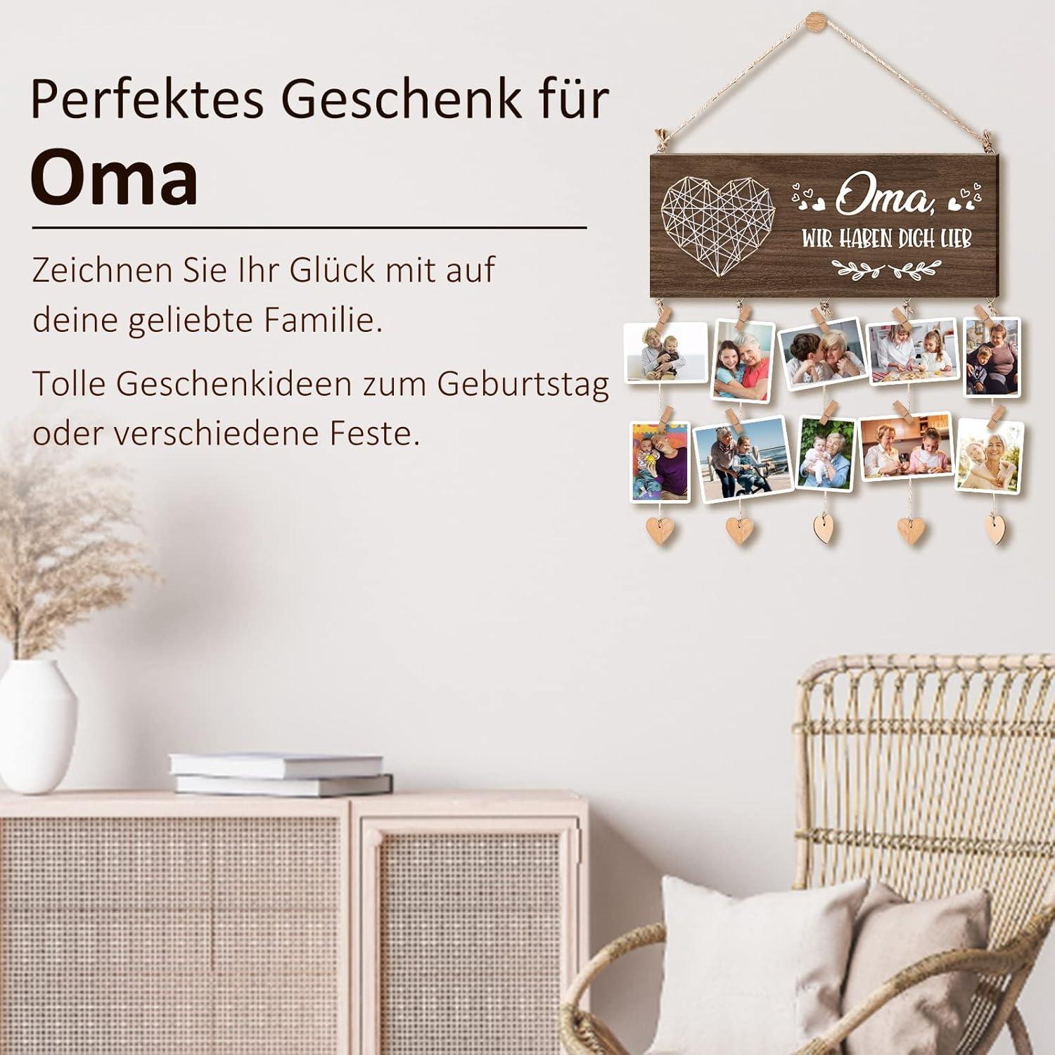 Oma Geschenke Bilderrahmen mit 10 Fotohalter Clips Holz
