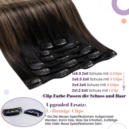 Echthaar Clip-In Extensions Ombre Schwarz-Hellbraun-Blond