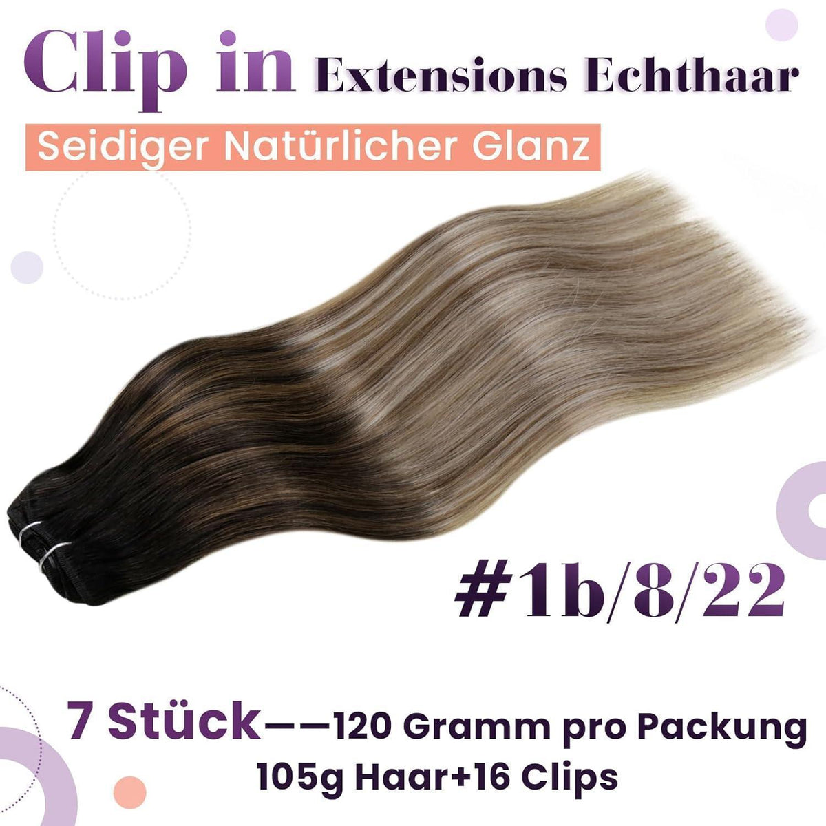 Echthaar Clip-In Extensions Ombre Schwarz-Hellbraun-Blond