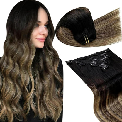 Echthaar Clip-Ins Ombre Braun Karamellblond 40cm