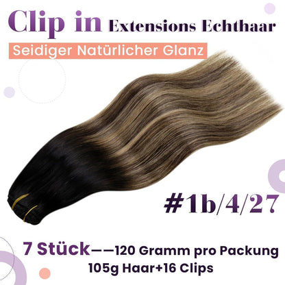 Echthaar Clip-Ins Ombre Braun Karamellblond 40cm