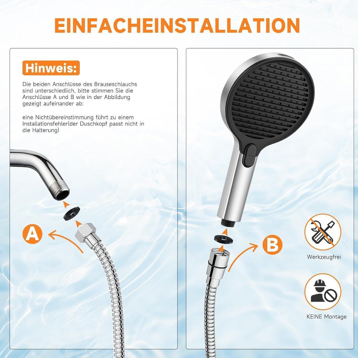 Hochdruck Duschkopf mit 3+1 Strahlarten & Wassersparfunktion