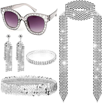 70er Disco Accessoires Set Glitzer Hut Brille Ohrringe für Damen