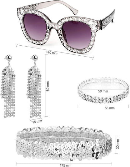 70er Disco Accessoires Set Glitzer Hut Brille Ohrringe für Damen