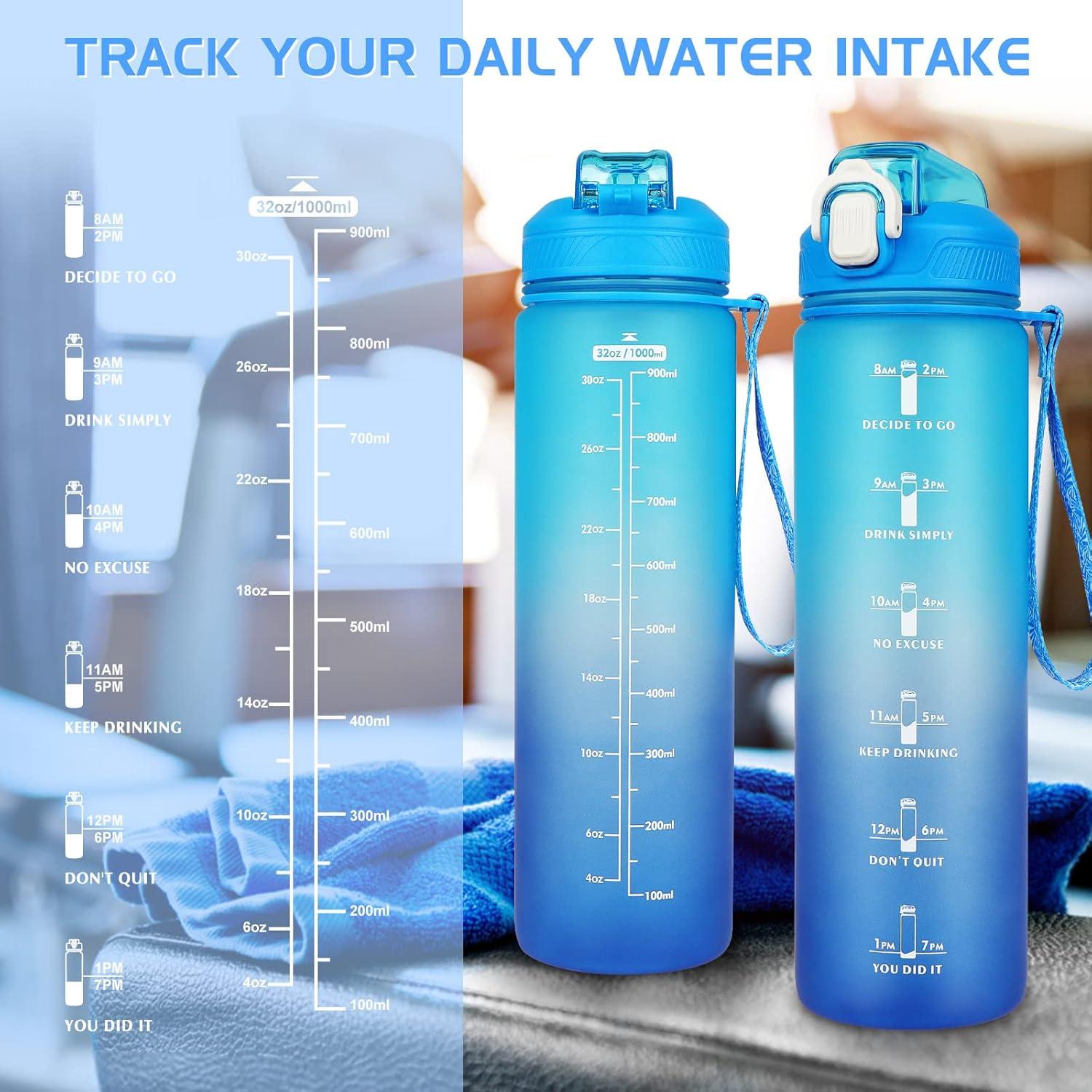 CodiCile 1L Trinkflasche mit Strohhalm, Zeitmarkierung und Deckel - BPA-frei, auslaufsicher, für