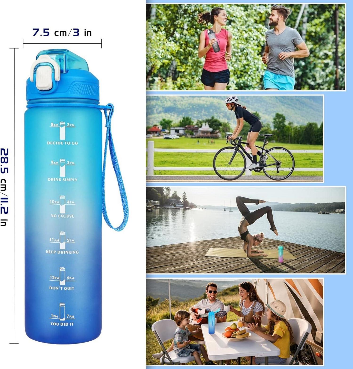 Trinkflasche 1L mit Strohhalm Zeitmarkierung blau BPA-frei