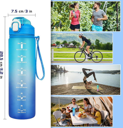 Trinkflasche 1L mit Strohhalm Zeitmarkierung blau BPA-frei