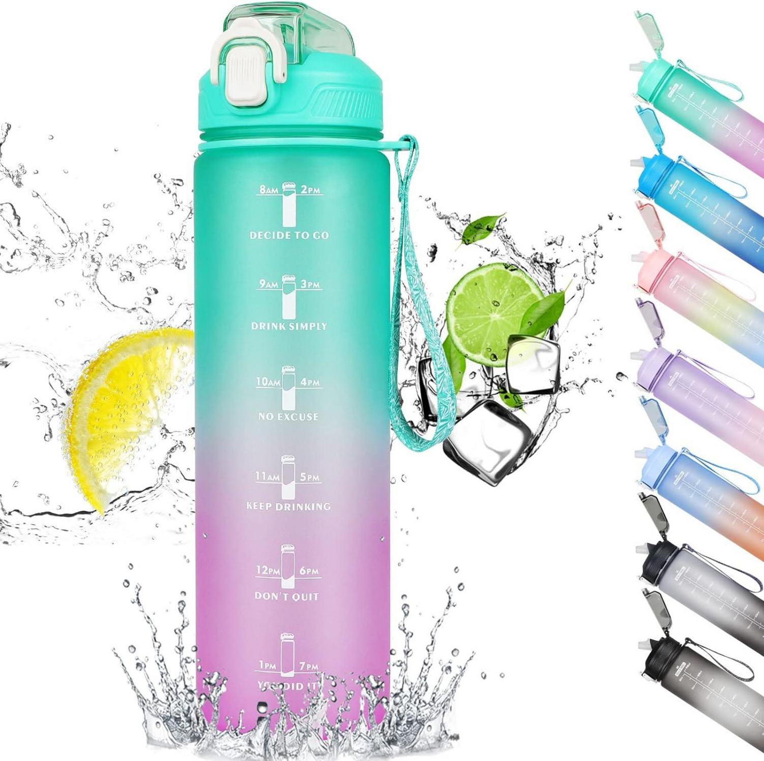 Trinkflasche 1L mit Strohhalm und Zeitmarkierung, BPA-frei