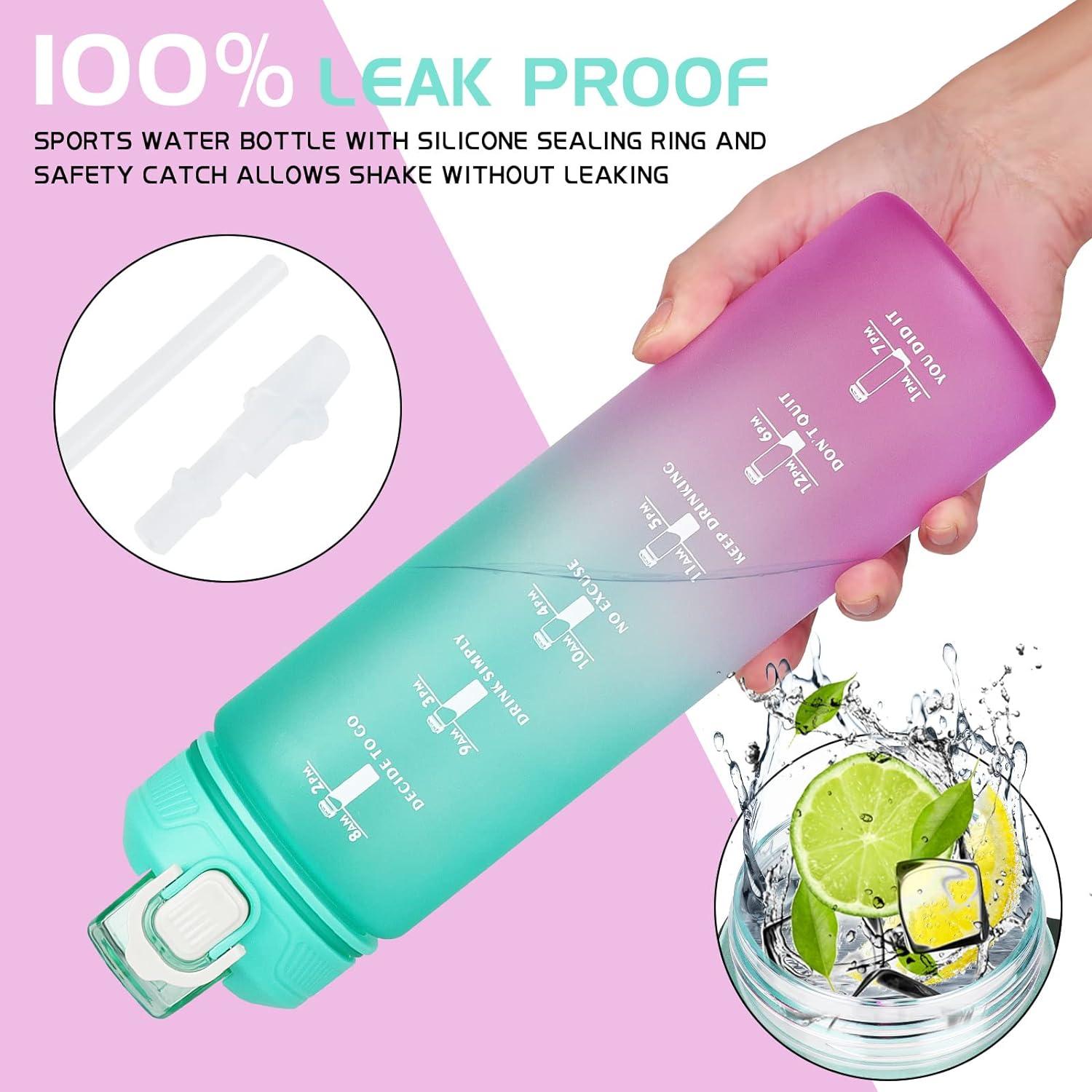 Trinkflasche 1L mit Strohhalm und Zeitmarkierung, BPA-frei