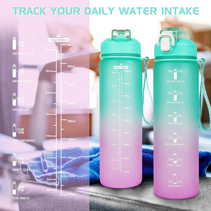 CodiCile Trinkflasche 1L mit Strohhalm, Zeitmarkierung, auslaufsicher + BPA-frei