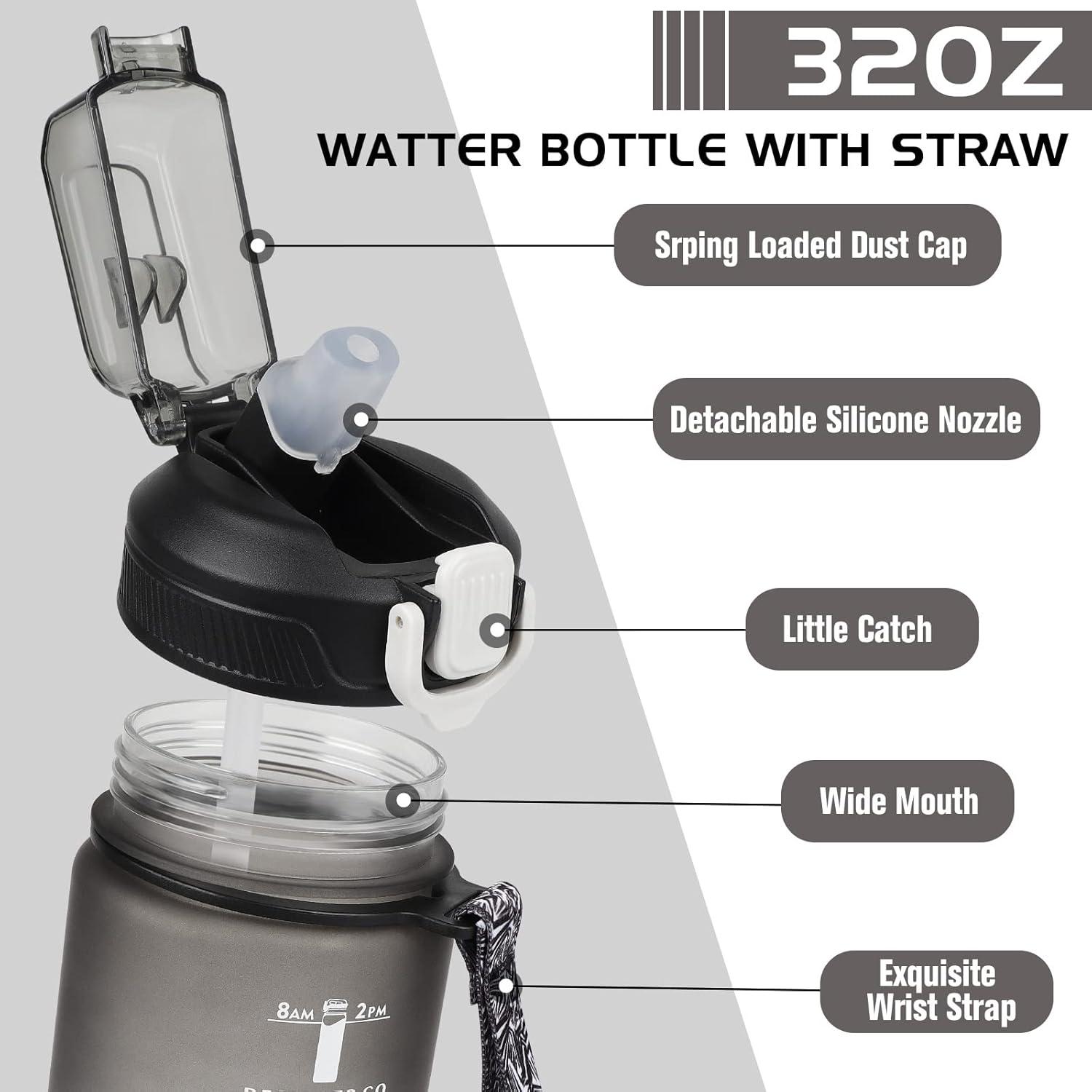 CodiCile Trinkflasche 1L mit Strohhalm, Zeitmarkierung, sportlich schwarz