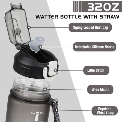 CodiCile Trinkflasche 1L mit Strohhalm, Zeitmarkierung, sportlich schwarz