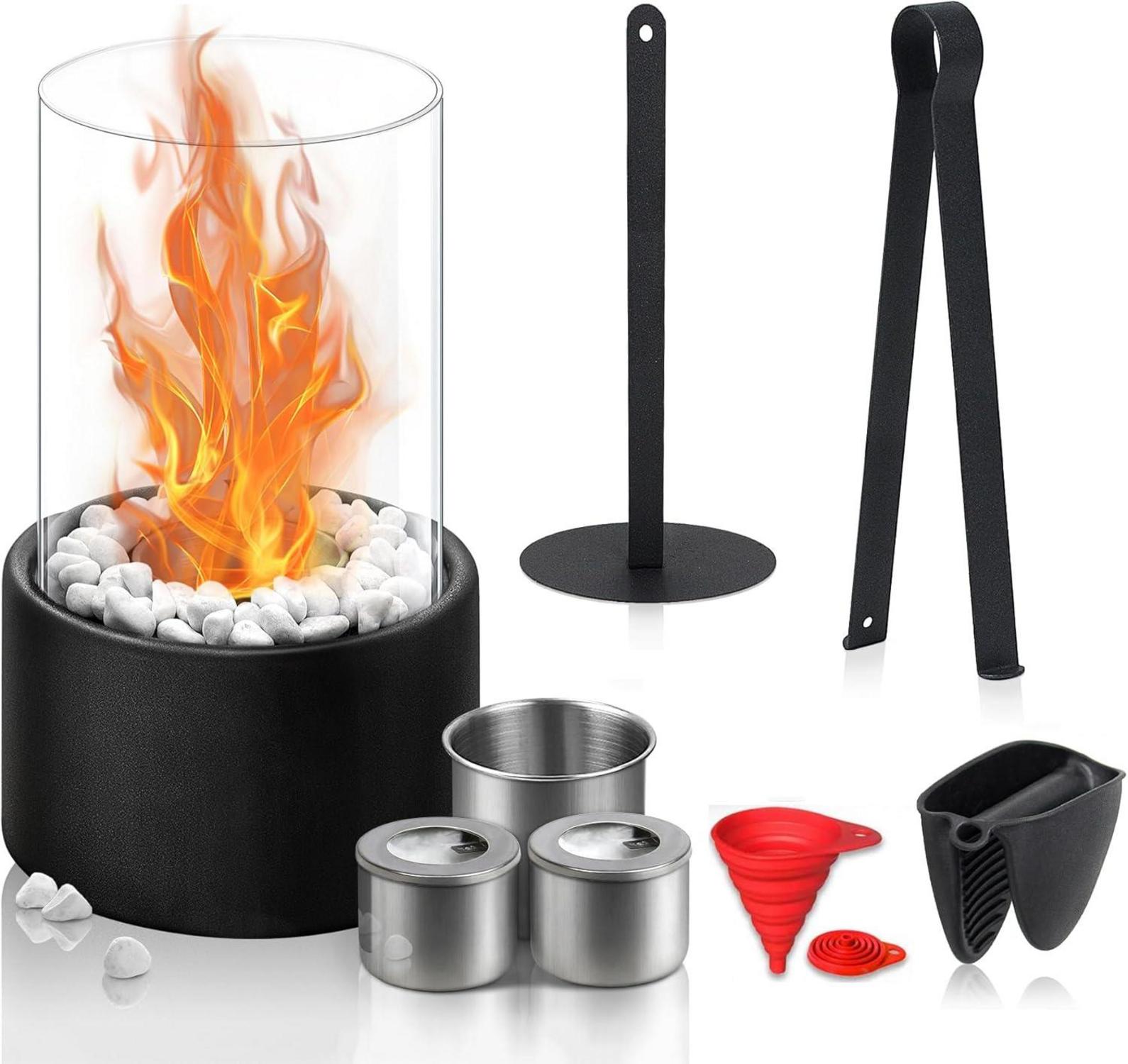 Bioethanol Tischfeuer mit Glaswänden und Stahlbasis