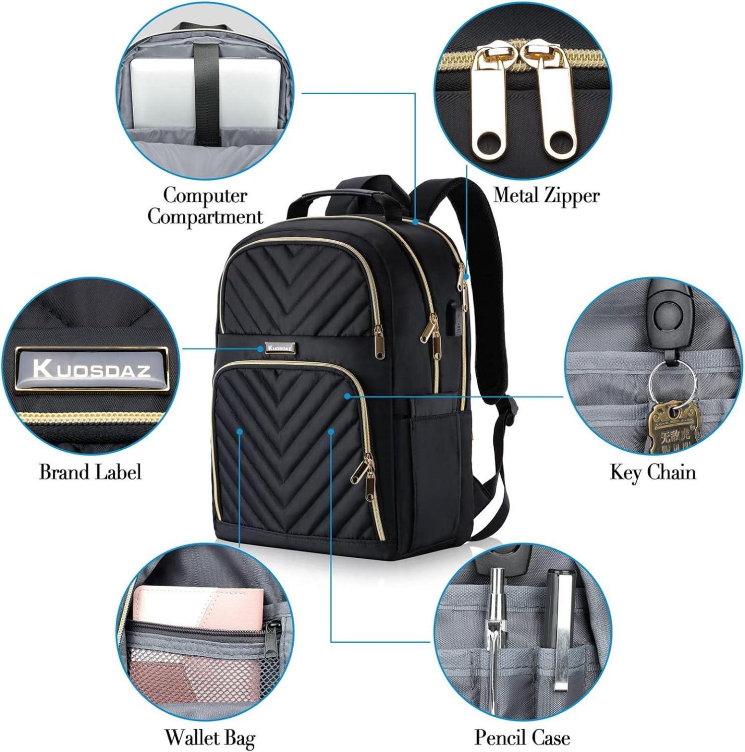 Rucksack Damen 15.6 Zoll USB Ladeanschluss Laptop Daypack Schwarz