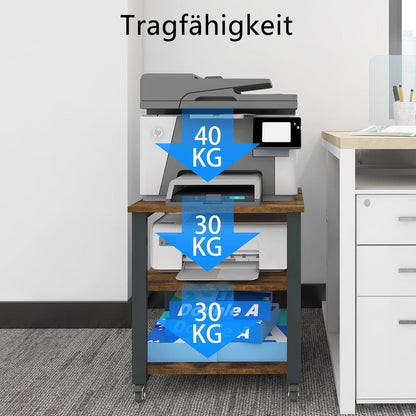 Mobiler 3-Ebenen Druckerständer mit Rollen, Holz & Metall, Retro