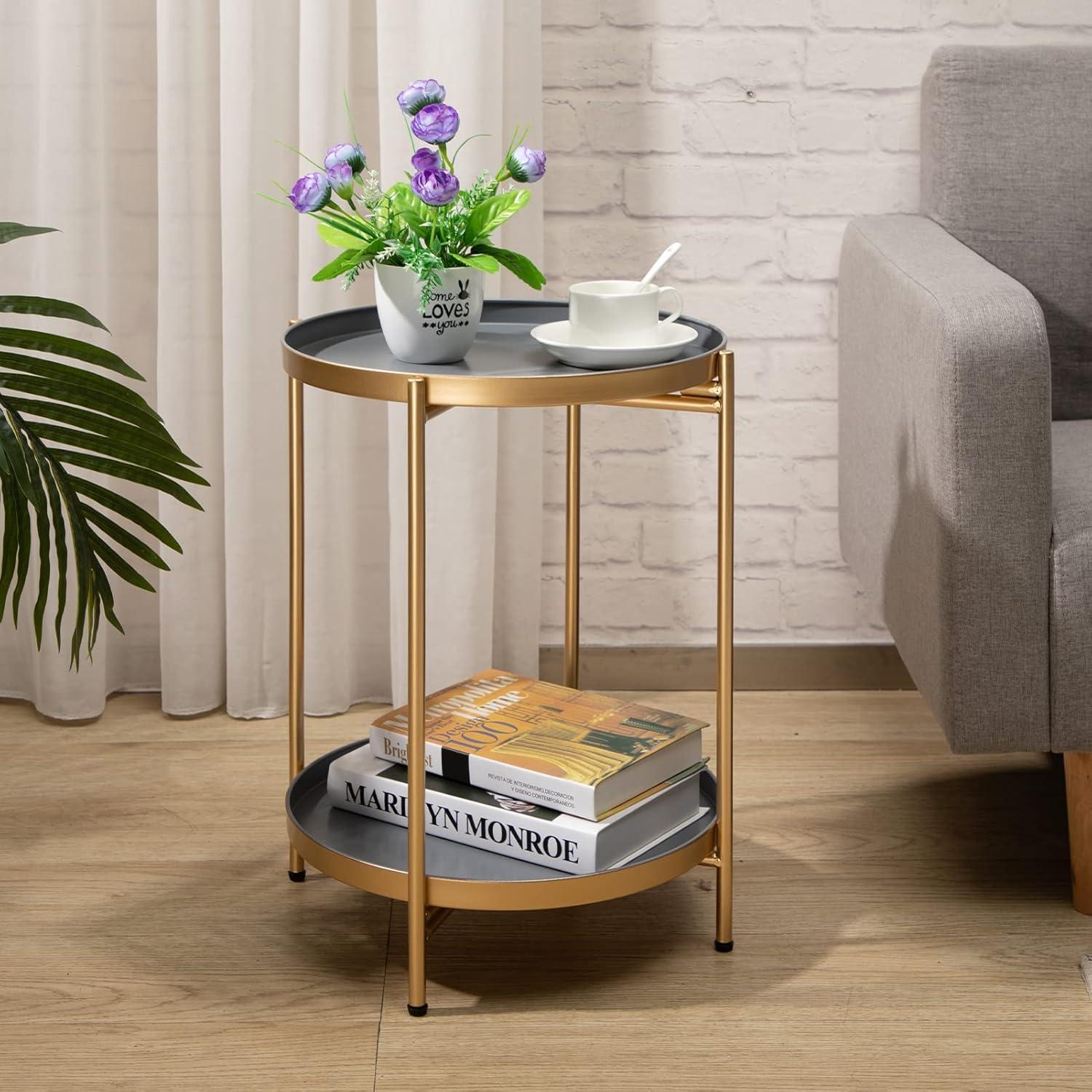 Runder Beistelltisch Gold Metall 2 Ebenen Couchtisch
