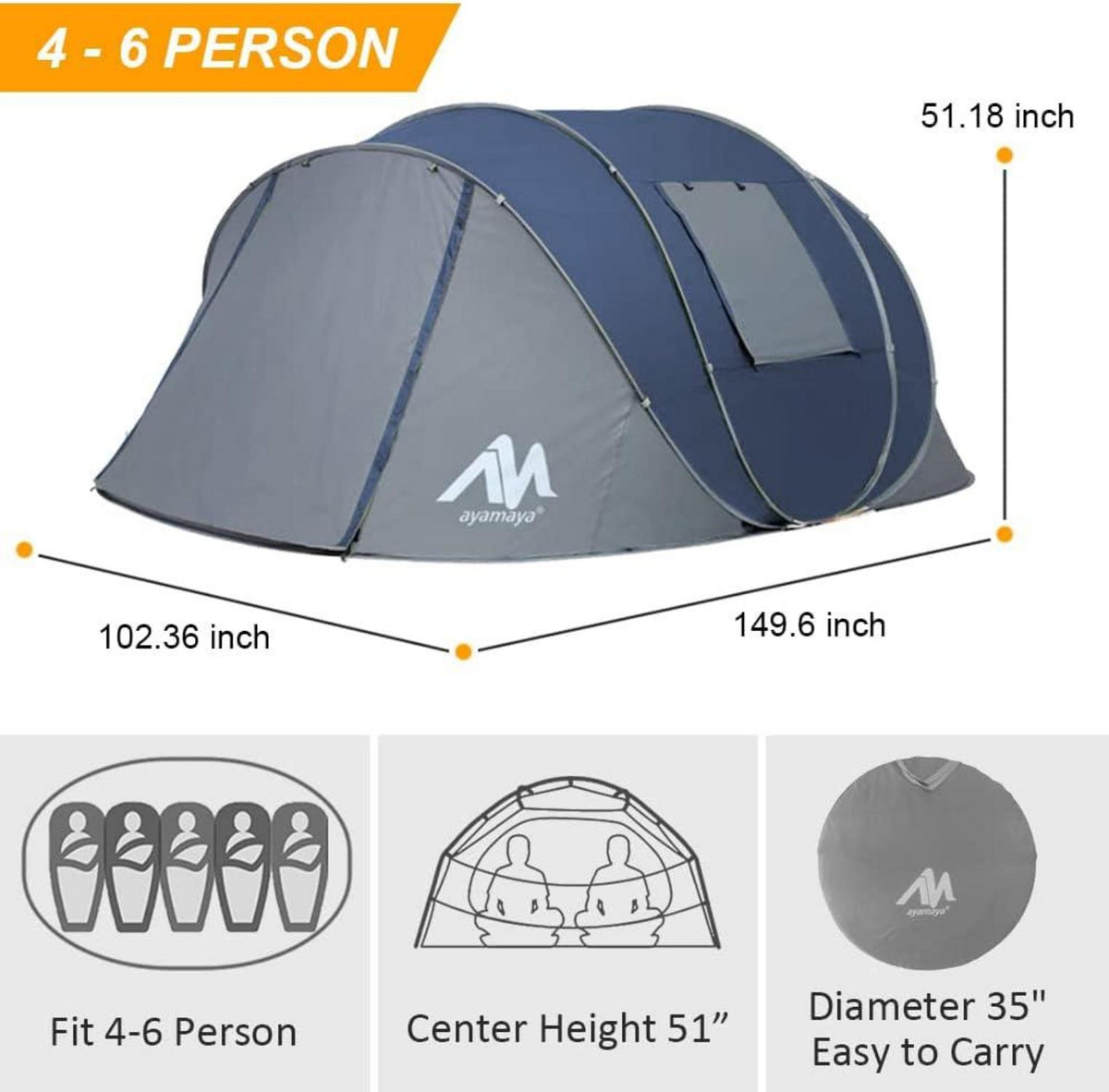 Zelt 6 Personen Wasserdicht Pop up Riesiges Camping Doppelwandig Grau