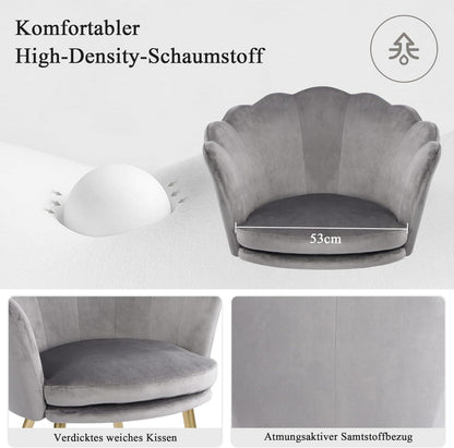 WOLMICS Samtstuhl Blumenform Dunkelgrau Gold Metallbeine 81,5 cm Sessel