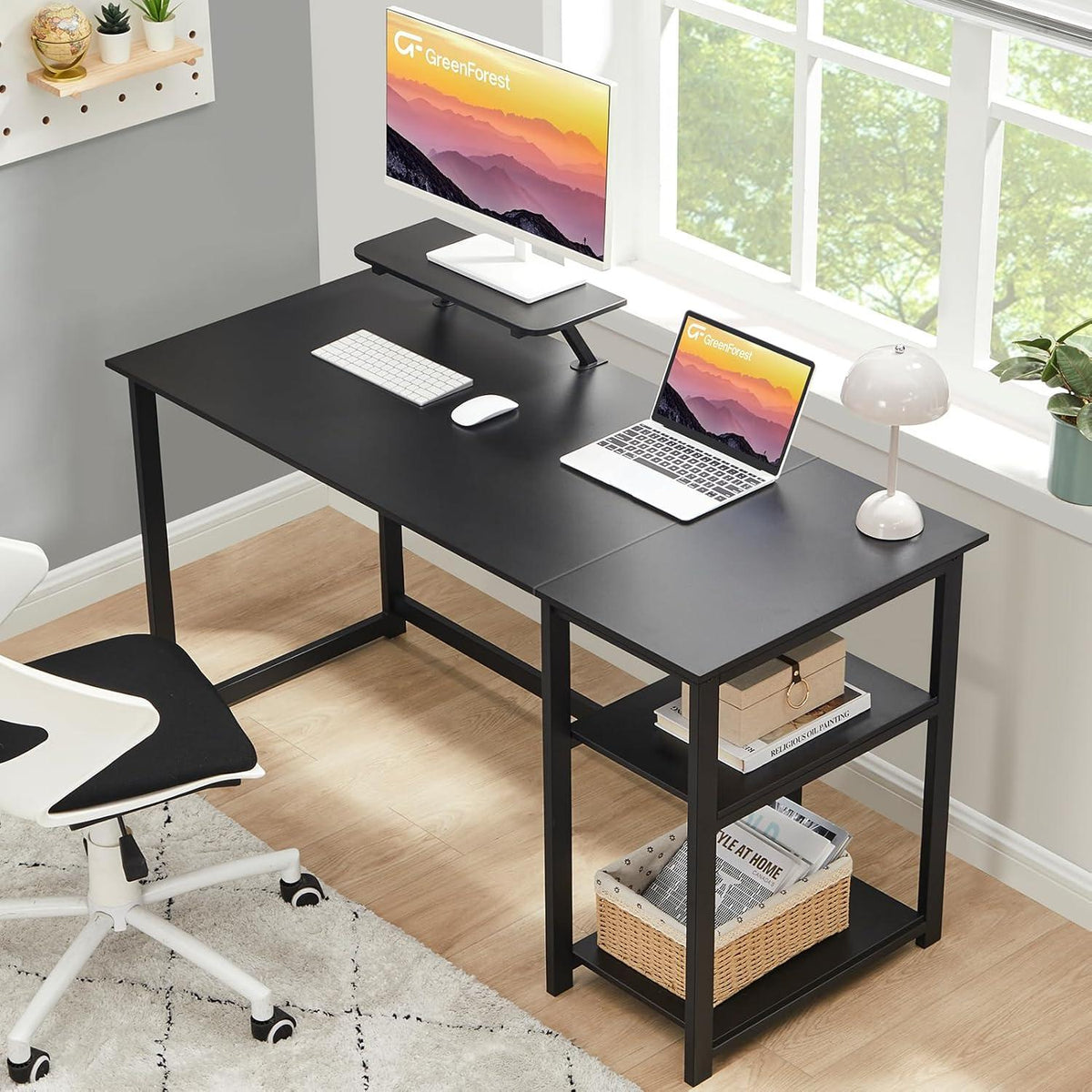 Schreibtisch 140cm mit Stauraum, Bürotisch Monitorständer Schwarz