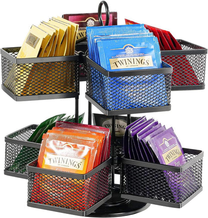 Drehbare 2 Etagen Teebox mit 8 Fächern - Metall Teebeutel Organizer