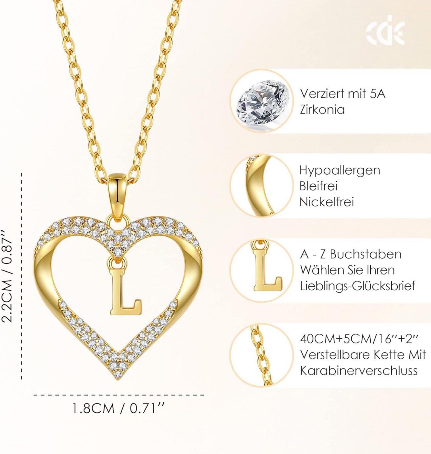 Herz Initiale Kette Damen 925 Sterling Silber Halskette A-Z Anhänger