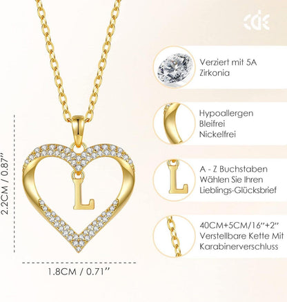 Herz Initiale Kette Damen 925 Sterling Silber Halskette A-Z Anhänger
