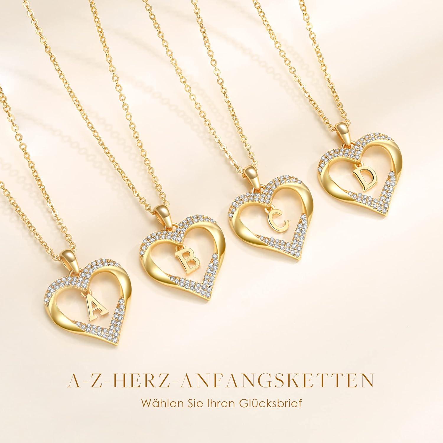 Initialen Herz Anhänger Halskette Damen 18K Vergoldet Zirkonia Schmuck