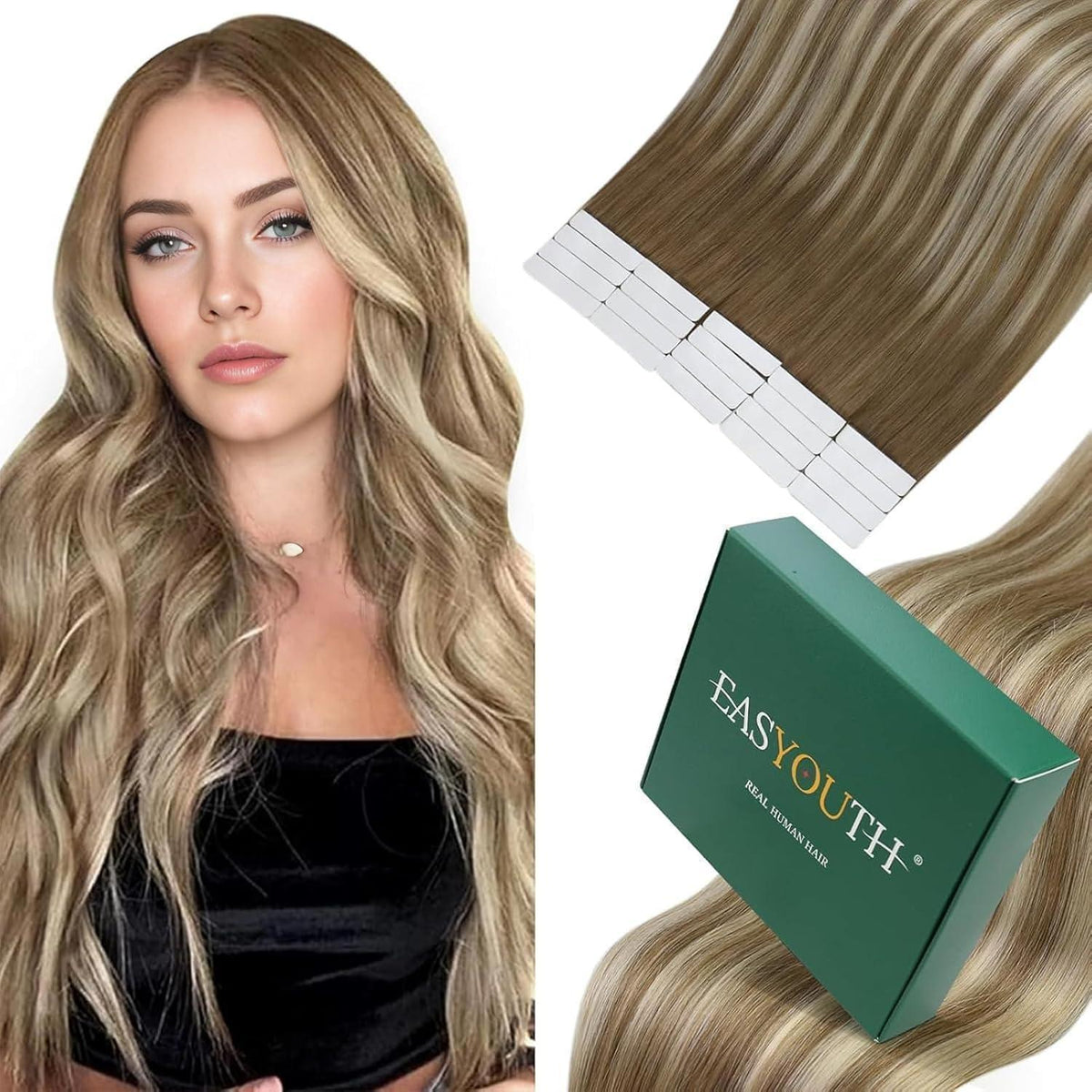 Echthaar Tape Extensions Braun Balayage Ombre Platinblond