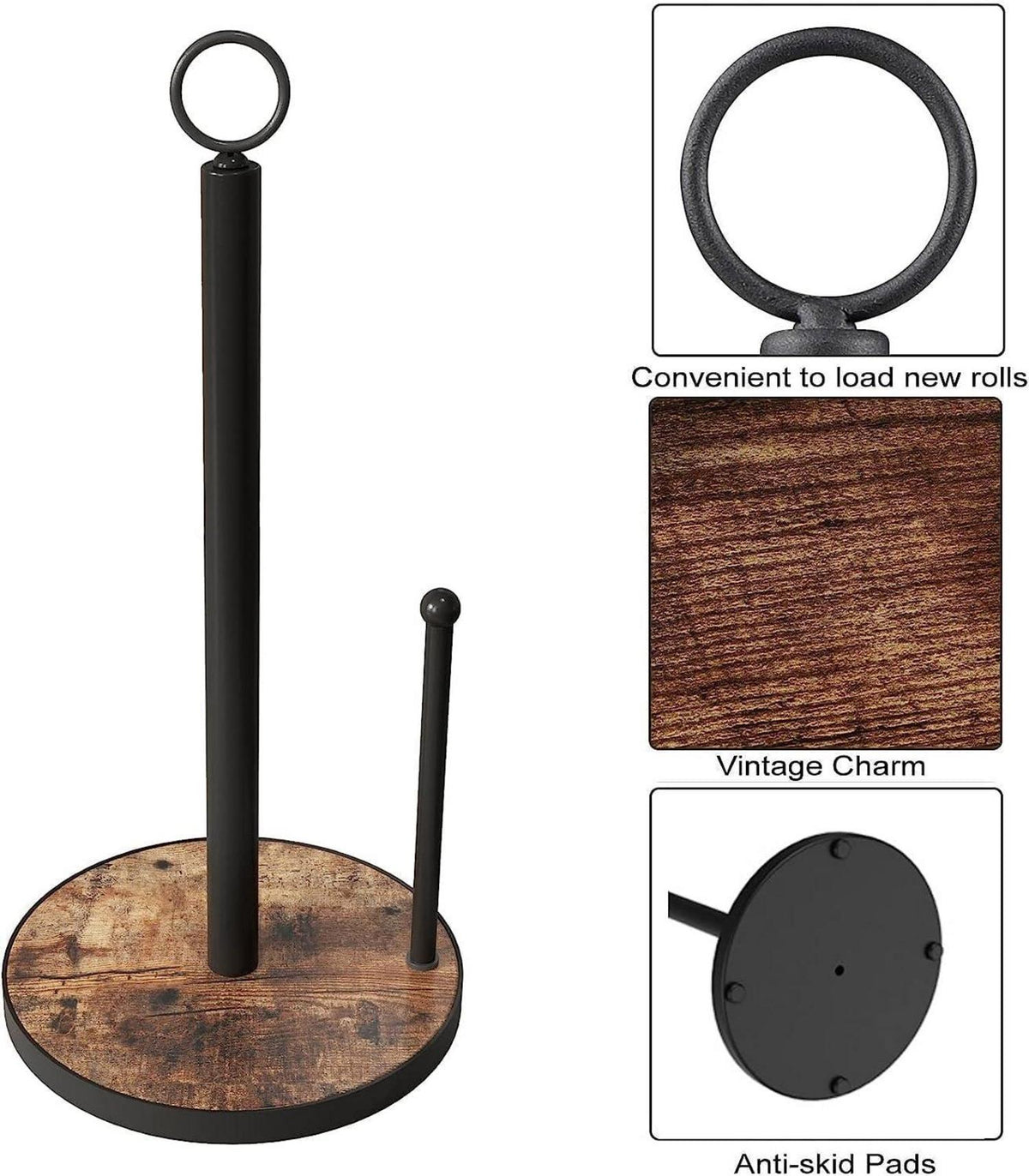 OROPY Küchenrollenhalter stehend mit schwerer Holzbasis - Landhausstil, Braun
