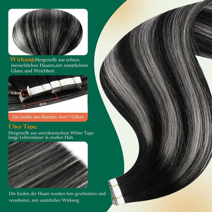 Echthaar Tape Extensions Schwarz Silber Ombre 45cm