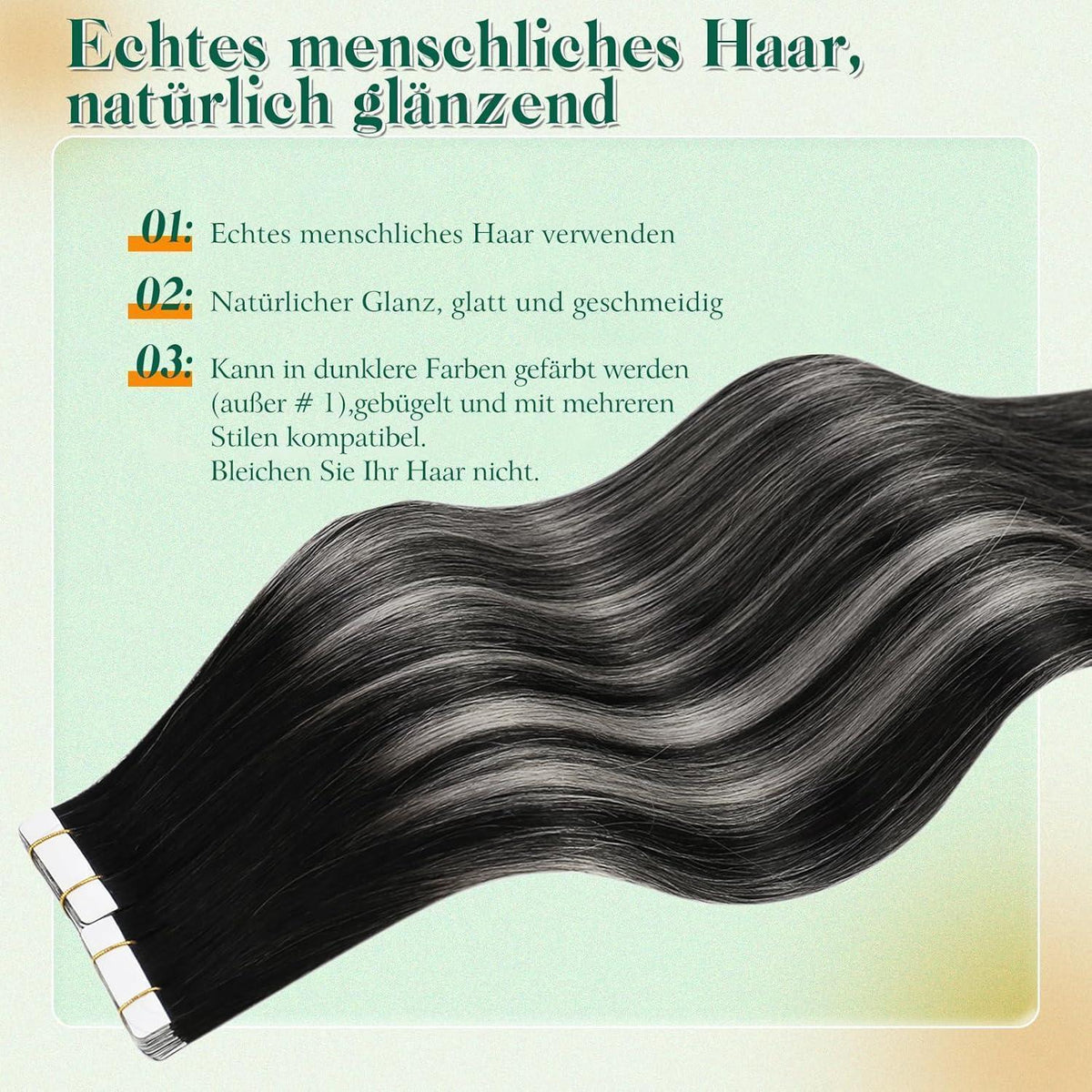 Echthaar Tape Extensions Schwarz Silber Ombre 45cm
