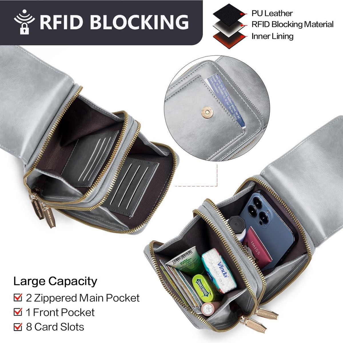 Kleine Handy Umhängetasche Damen Crossbody 2 RFID Fächer