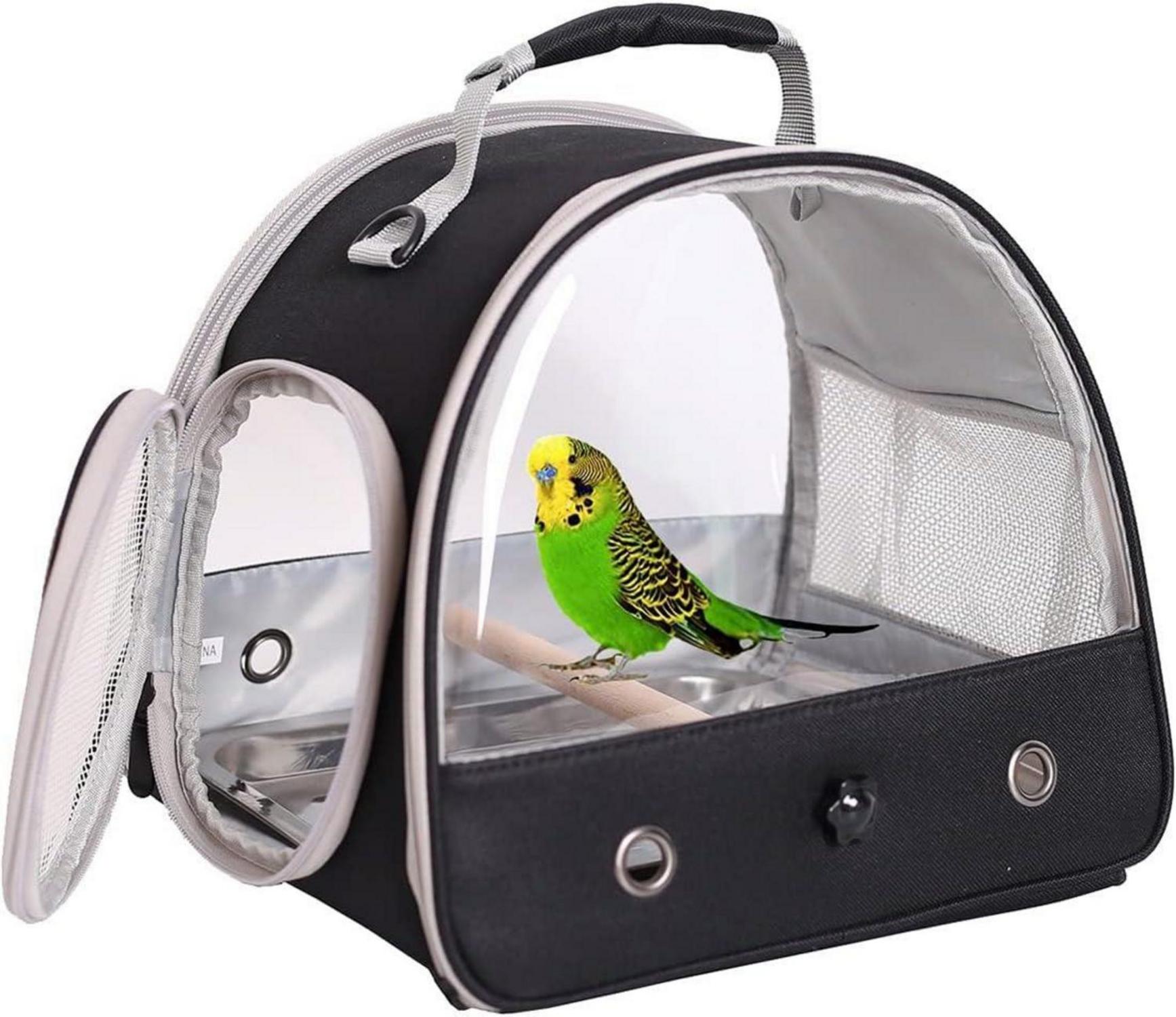 Transporttasche für kleine Vögel mit Edelstahl-Tablett & Holzstange